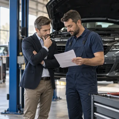 Technik a klient v autoservisu nad protokolem o prohlídce vozidla